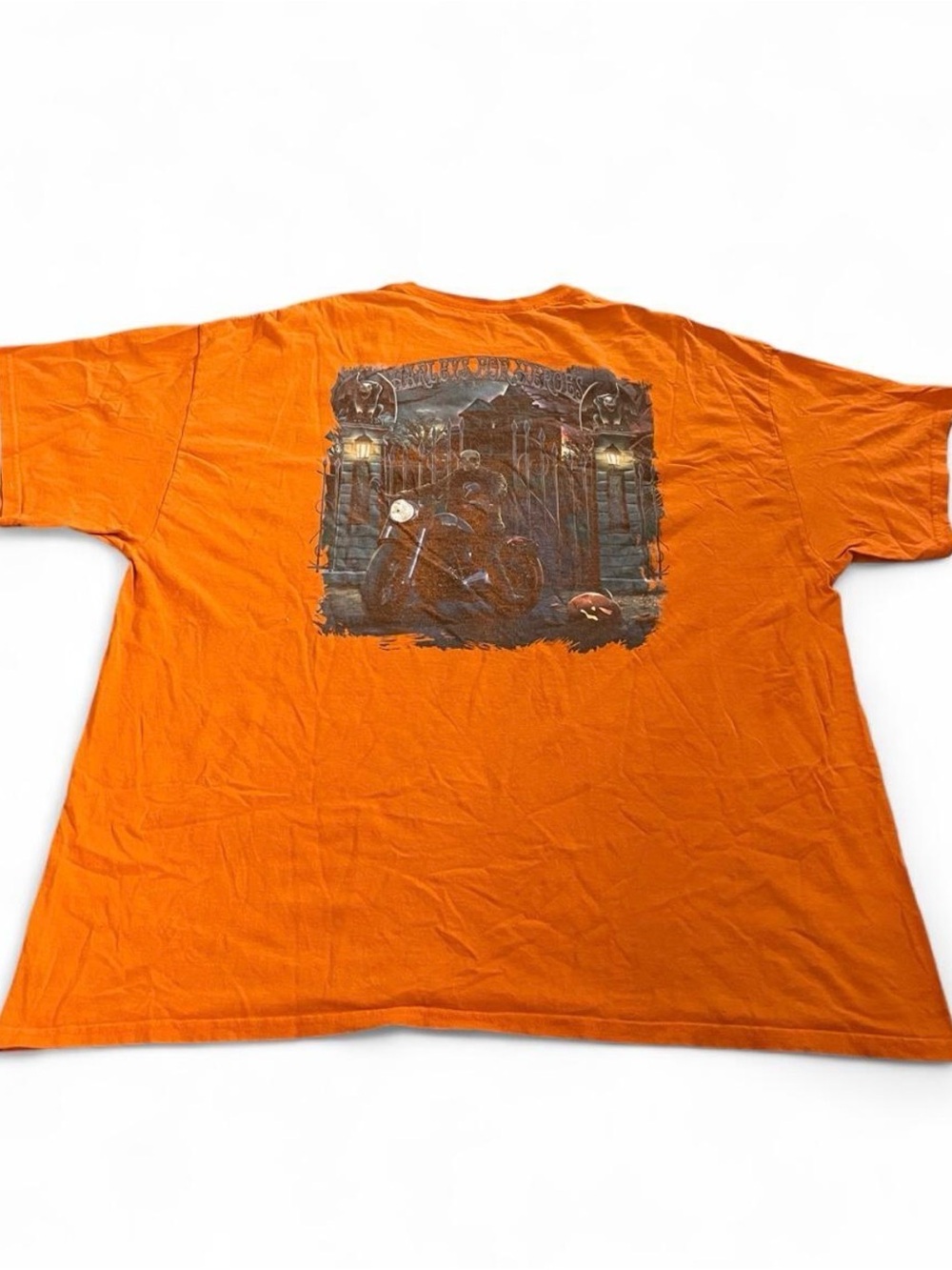 Men’s Vintage Harley Davidson Orange Motorcycle Halloween Shirt Size XXL